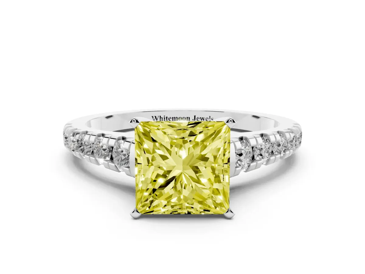 Fancy Yellow Princess Cut Diamond Cathedral Solitaire Ring with Round Pavé Band Silver