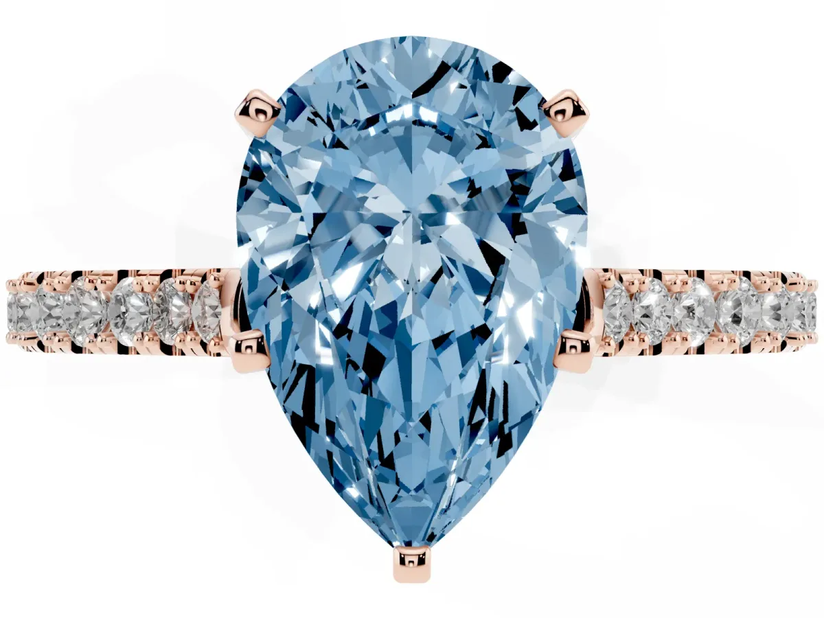 Fancy Blue Pear Cut Cut Solitaire Diamond Engagement Ring with Pave Band and Four-Prong Setting Rose gold
