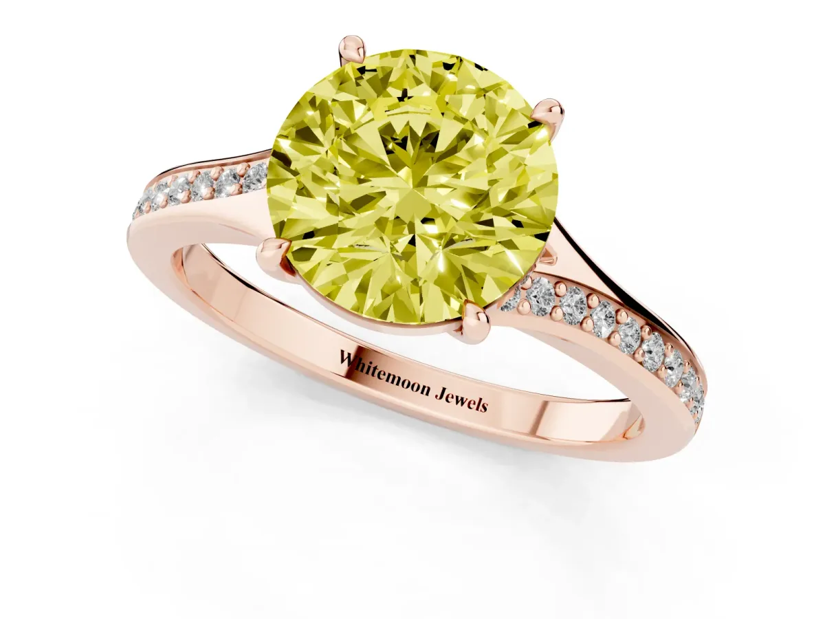 Fancy Yellow Round Cut Diamond Solitaire Ring with Pavé Band and Prong Setting Rose gold