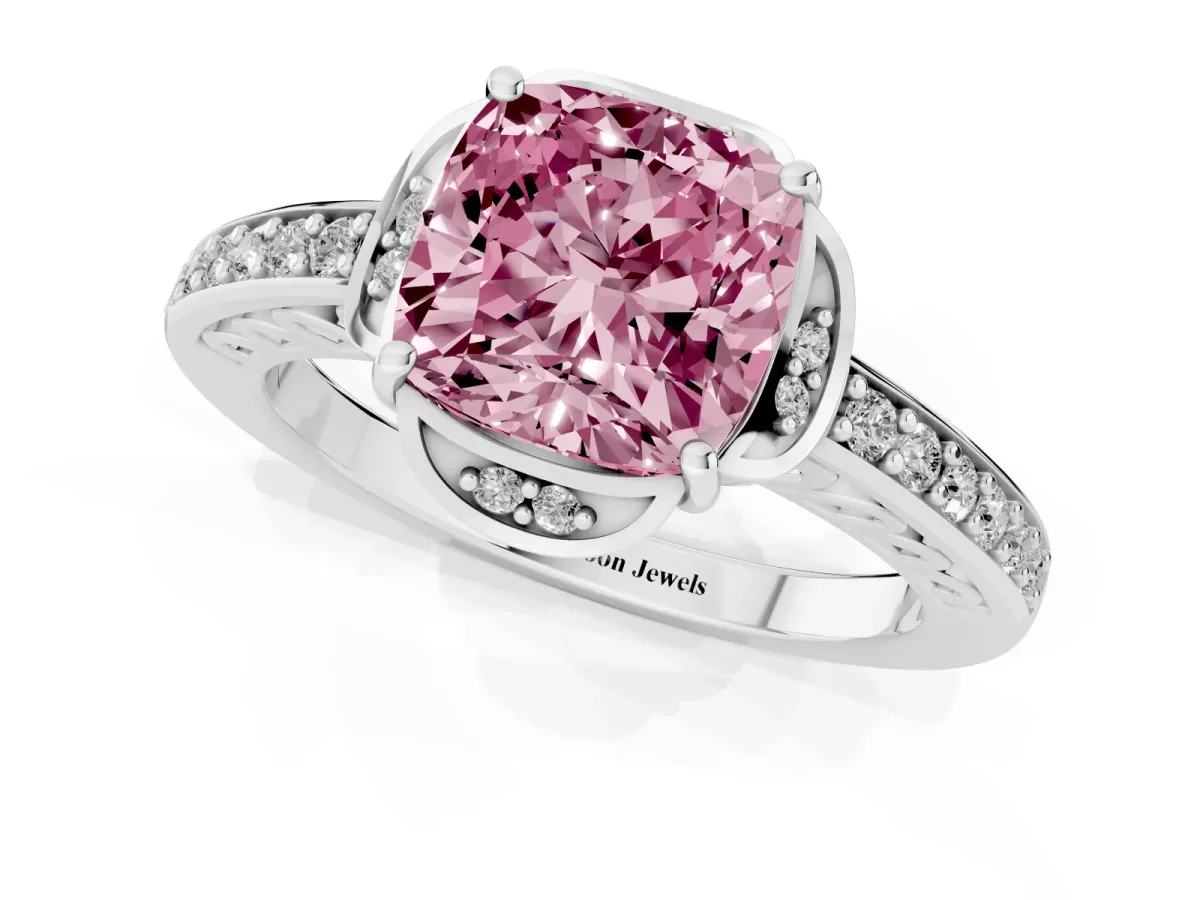 Fancy Pink Cushion Cut Cut Halo Diamond Ring with Channel Set Band and Four-Prong Setting Platinum