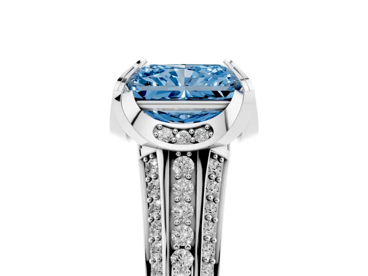 Fancy Blue Radiant Cut Solitaire Pave Split Shank Ring with Four-Prong Setting White gold