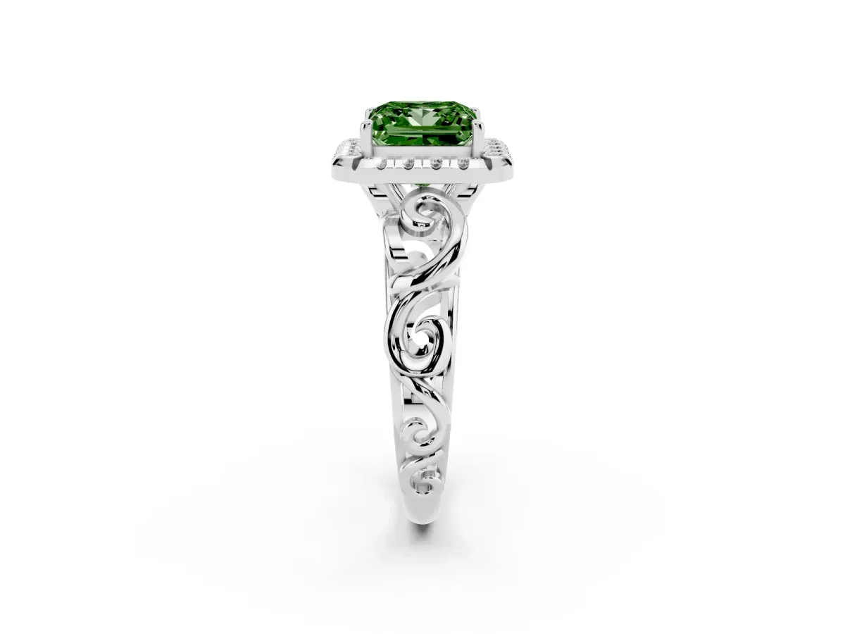 Fancy Green Princess Cut Cut Halo Diamond Ring with Scrollwork Band and Four-Prong Setting Silver
