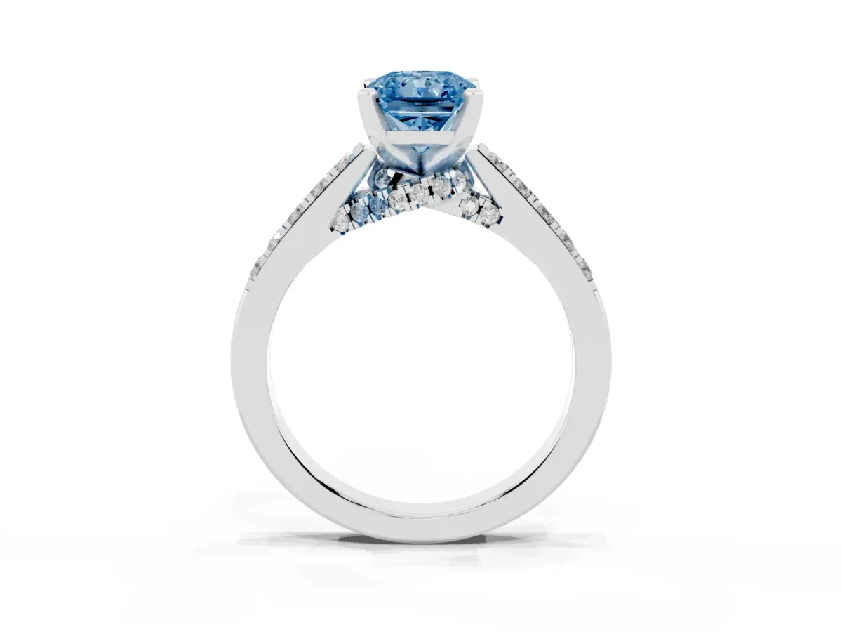 Fancy Blue Radiant Cut Diamond Solitaire Ring with Crossover Gallery and Round Pavé Band Platinum