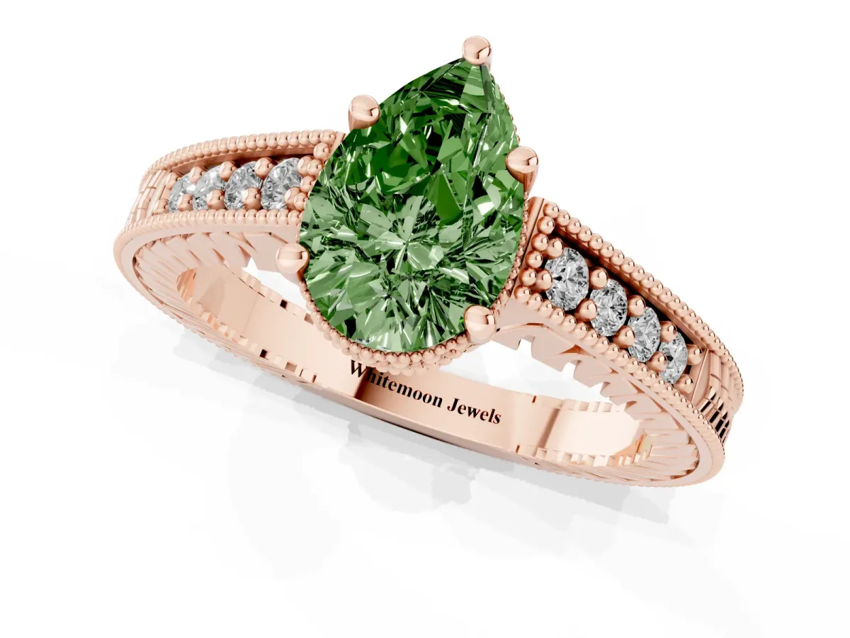 Fancy Green Pear Cut Solitaire Pavé Diamond Milgrain Engagement Ring with Four-Prong Setting Rose gold