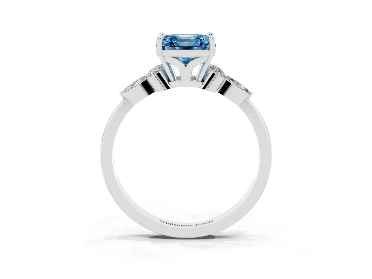 Fancy Blue Asscher Cut Brilliant Diamond Solitaire Ring with Pear Side Stones and Four-Prong Setting Silver