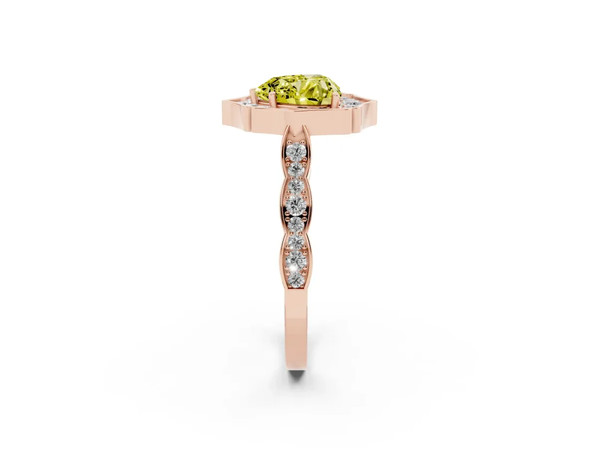 Fancy Yellow Heart Cut Halo Diamond Engagement Ring with Milgrain Band and Four-Prong Setting Rose gold