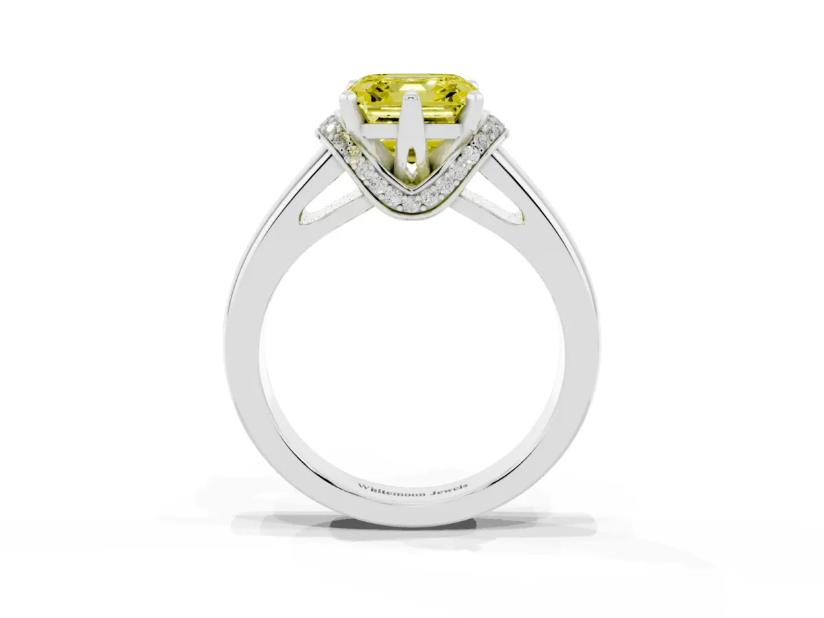 Fancy Yellow Asscher Cut Solitaire Diamond Ring with Pave Band and Six-Prong Setting Platinum