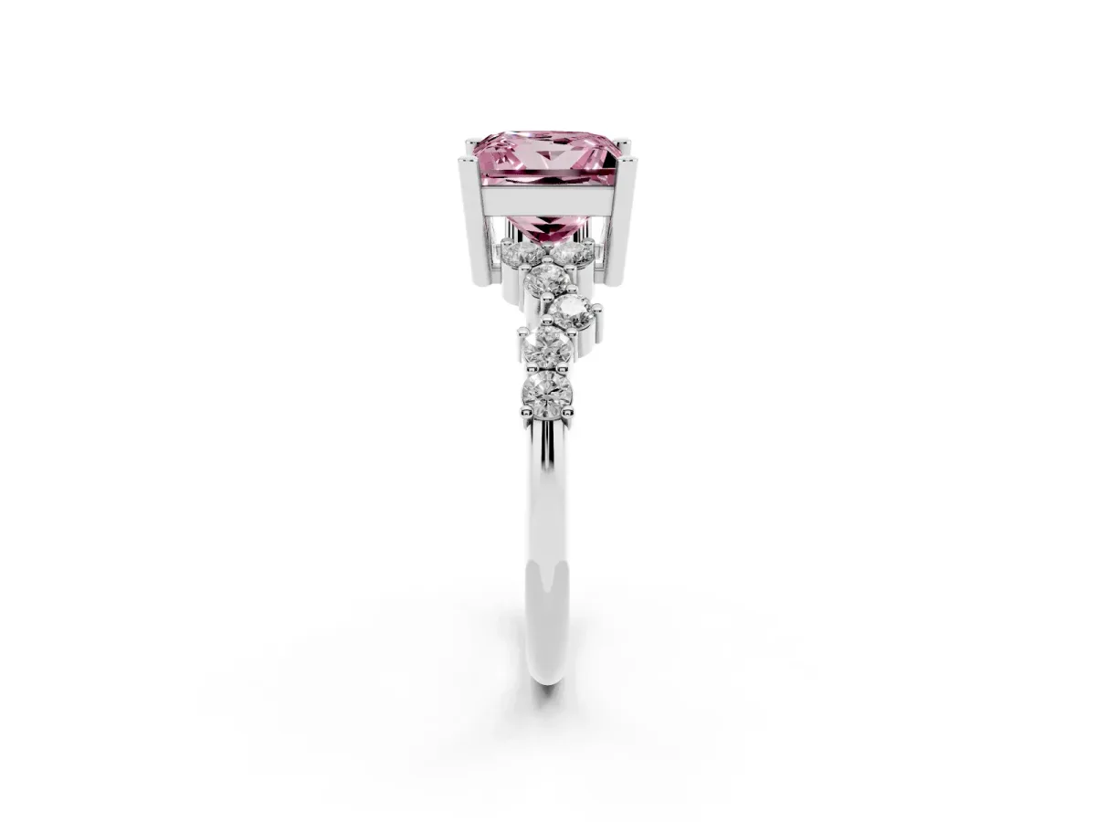 Fancy Pink Princess Cut Diamond Scattered Round Accent Ring with Prong Setting Platinum