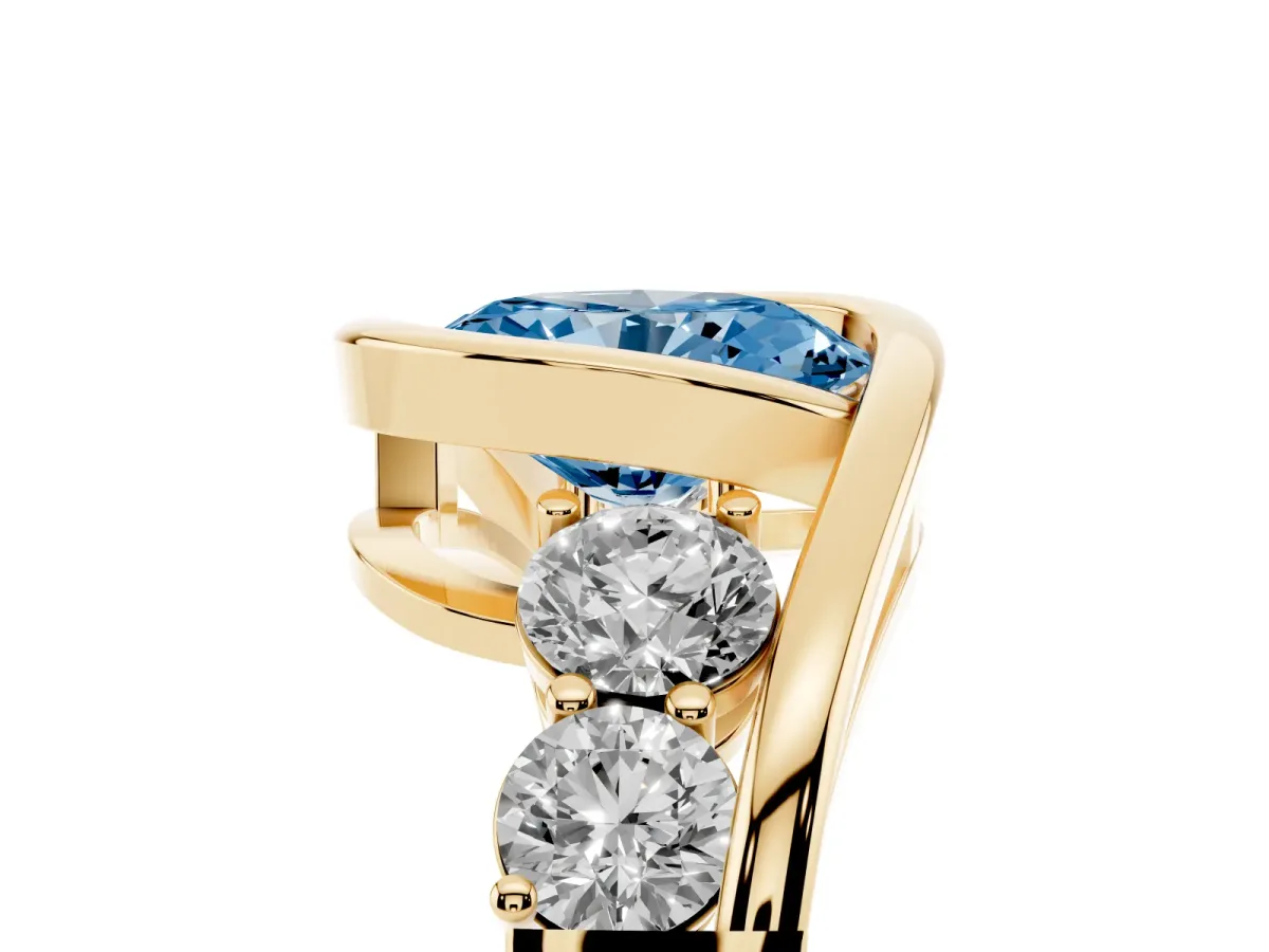 Fancy Blue Bezel Set Oval Cut Diamond Bypass Ring with Round Accents Yellow gold