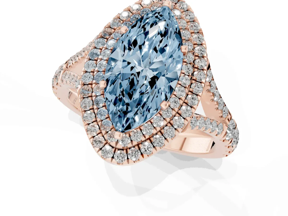 Fancy Blue Marquise Cut Cut Double Halo Split Shank Diamond Ring with Prong Setting Rose gold