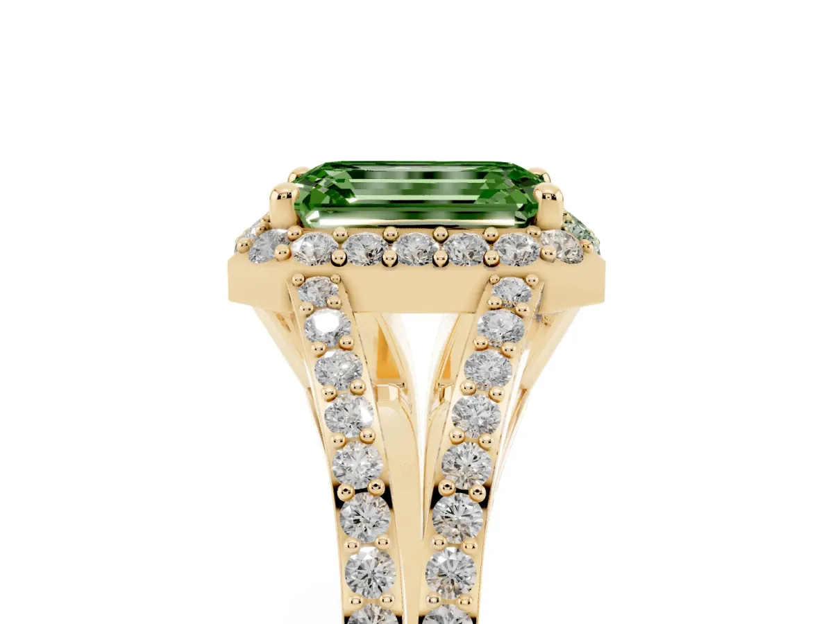 Fancy Green Emerald Cut Halo Split Shank Pave Diamond Ring with Four-Prong Setting Yellow gold