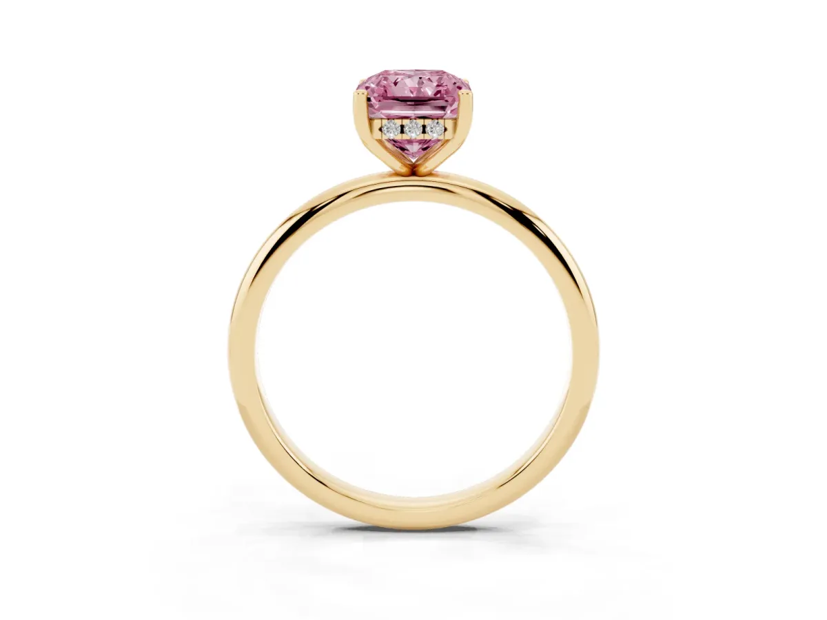Fancy Pink Radiant Cut Cut Solitaire Engagement Ring with Four-Prong Setting and Classic Band Yellow gold