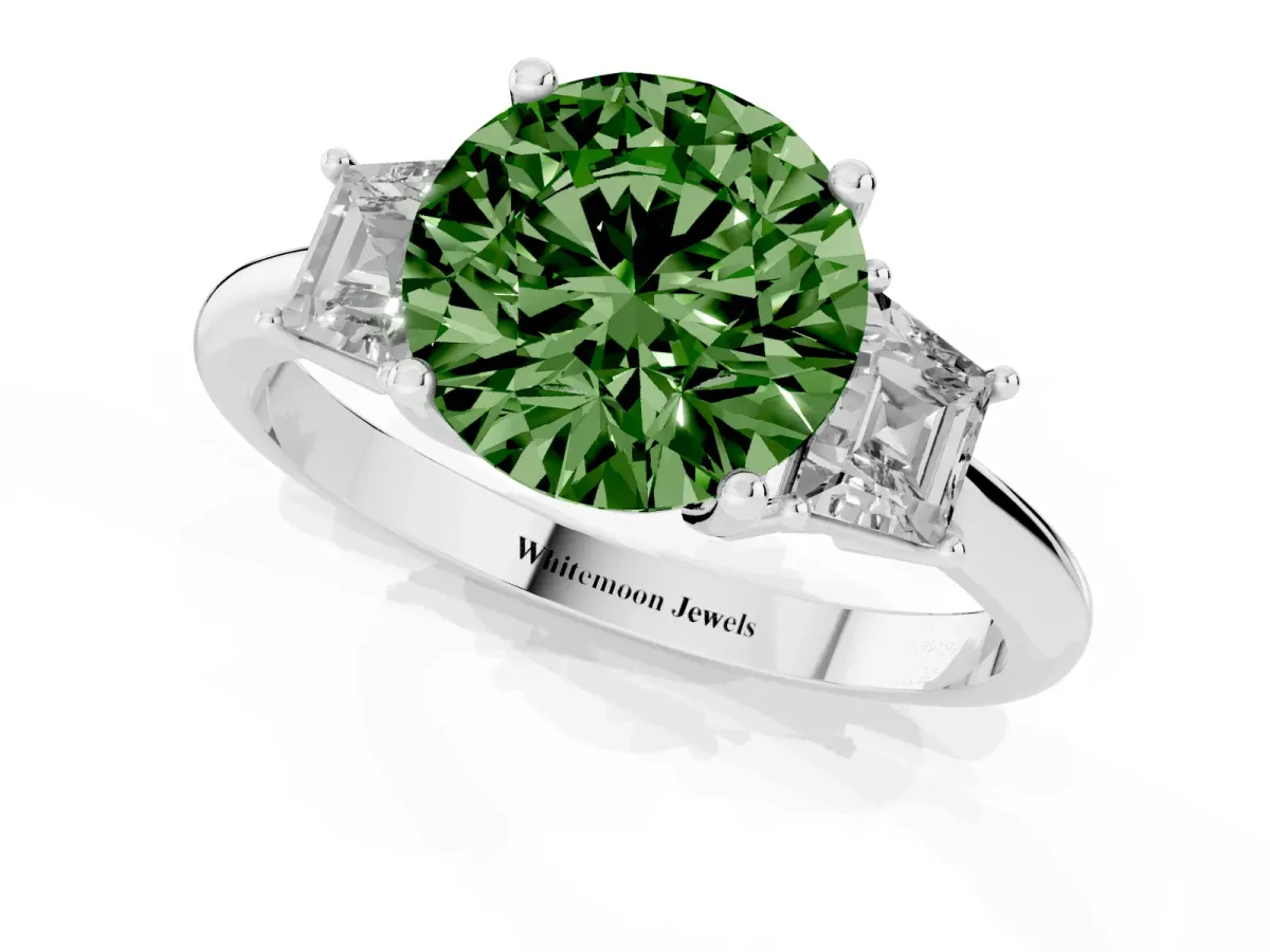 Fancy Green Round Cut Diamond Three-Stone Ring with Trapezoid Side Stones and Prong Setting Silver
