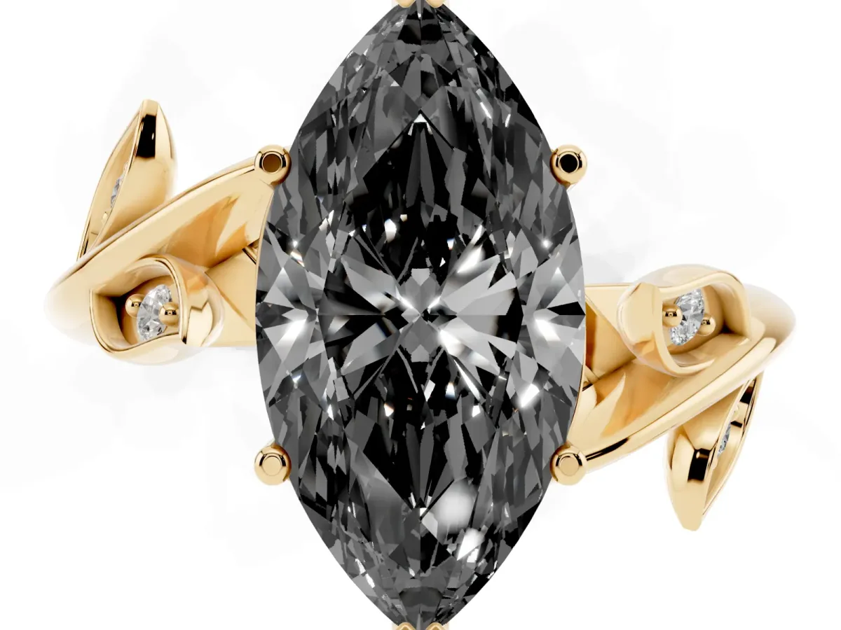 Fancy Black Marquise Cut Solitaire Twist Engagement Ring with Leaf Accents and Prong Setting Yellow gold