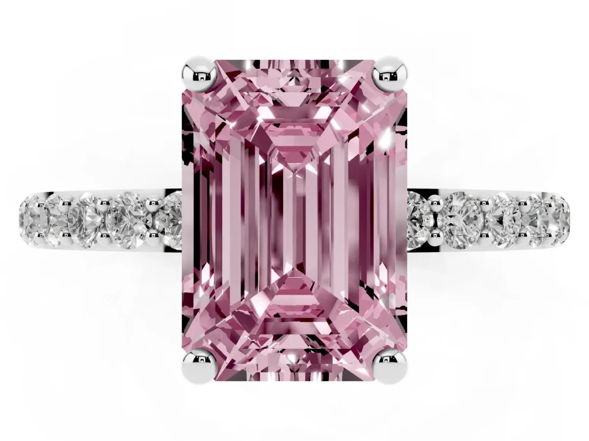 Fancy Pink Emerald Cut Diamond Solitaire Ring with Round Pavé Band and Prong Setting Silver