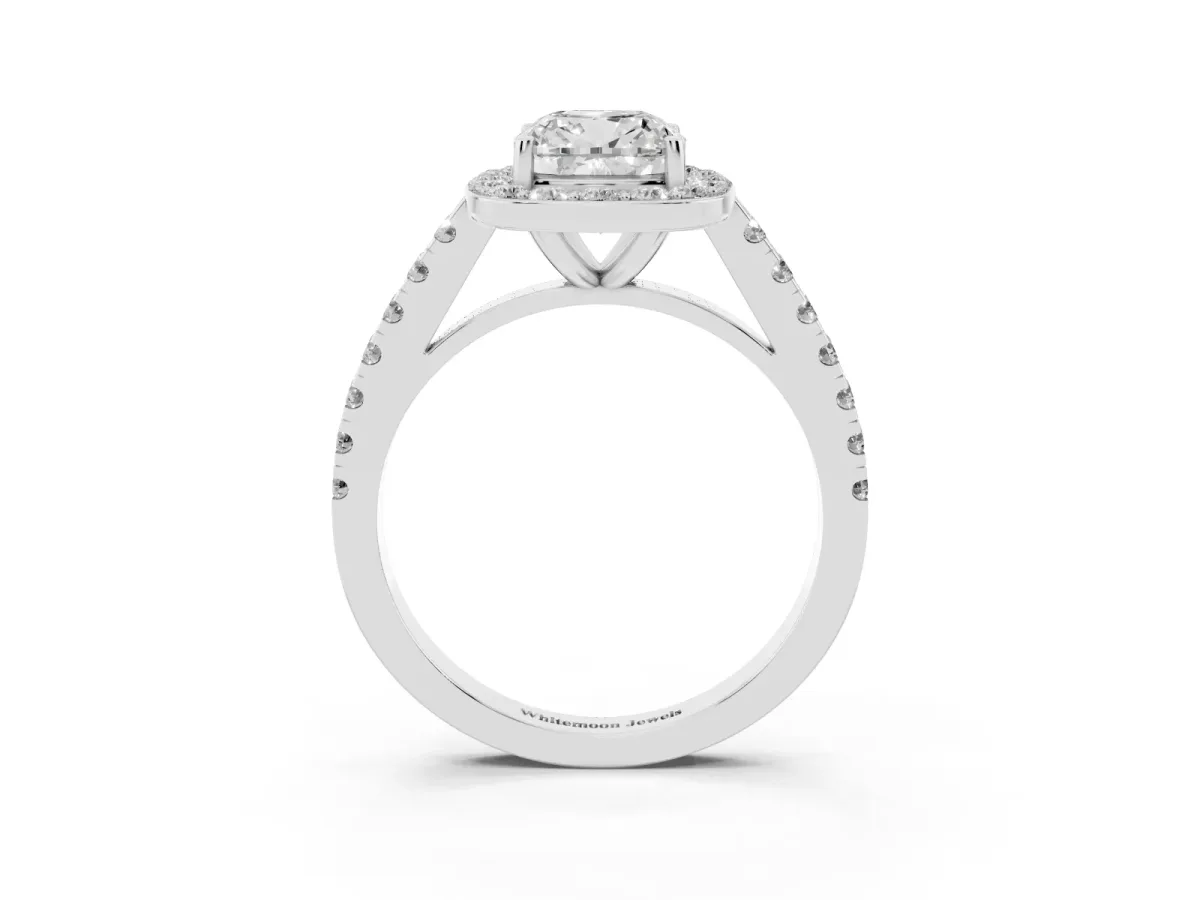 Cushion Cut Diamond Halo Ring with Round Pavé Split Shank and Prong Setting Silver