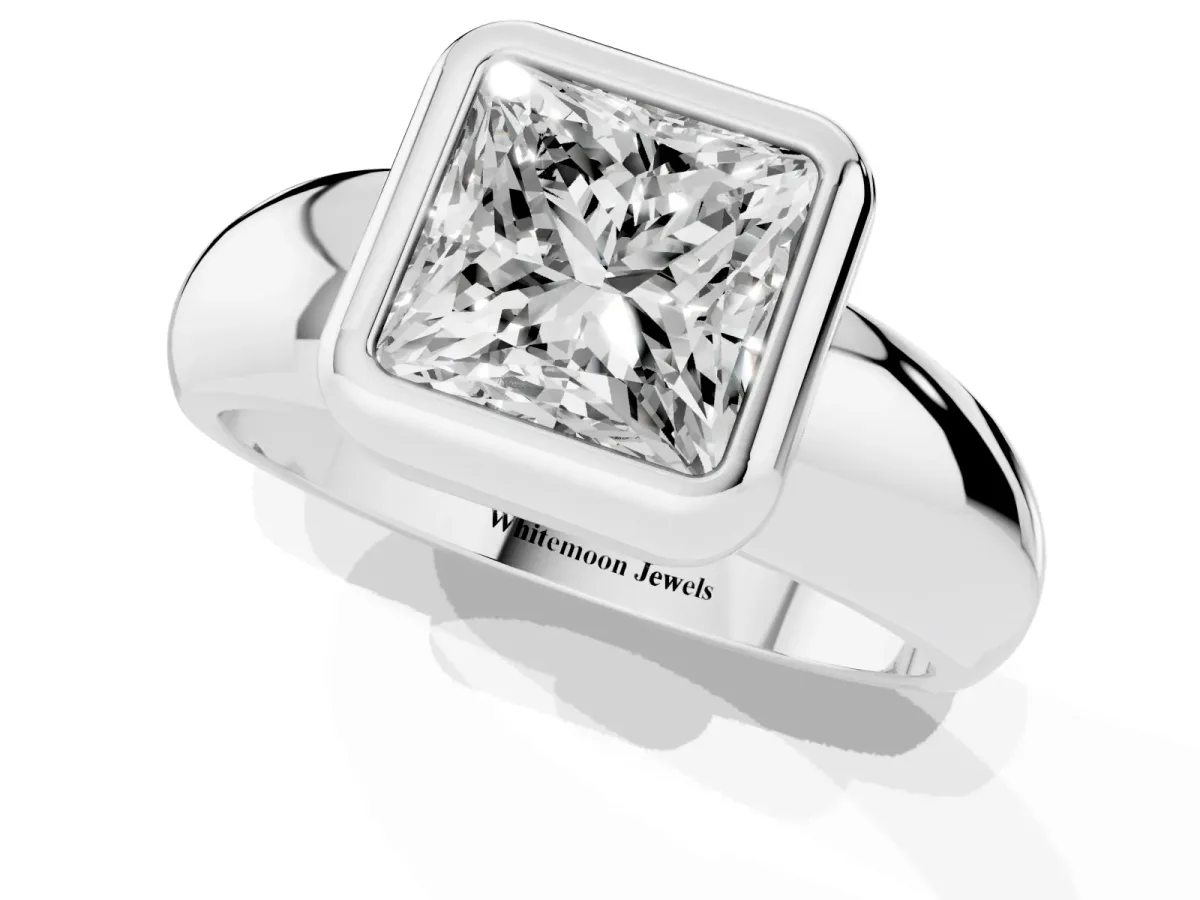 Bezel Set Princess Cut Solitaire Ring with Wide Band Silver
