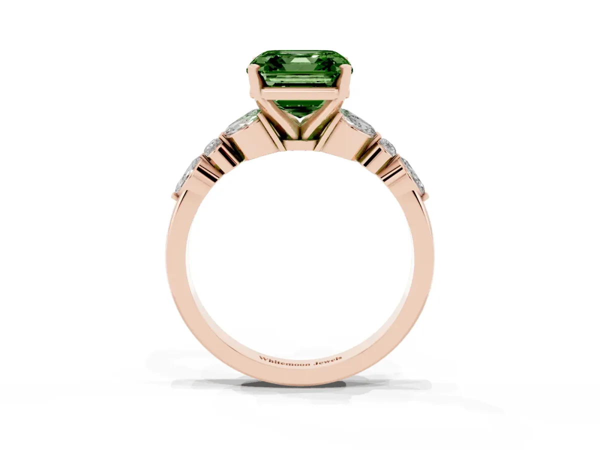 Fancy Green Asscher Cut Diamond Solitaire Ring with Side Stones and Four-Prong Setting Rose gold