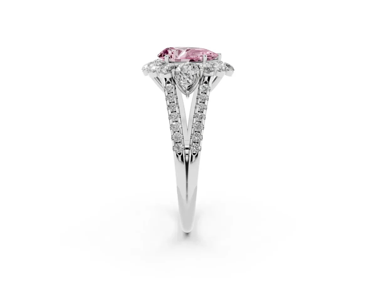 Fancy Pink Pear Cut Halo Split Shank Diamond Engagement Ring with Prong Setting Platinum