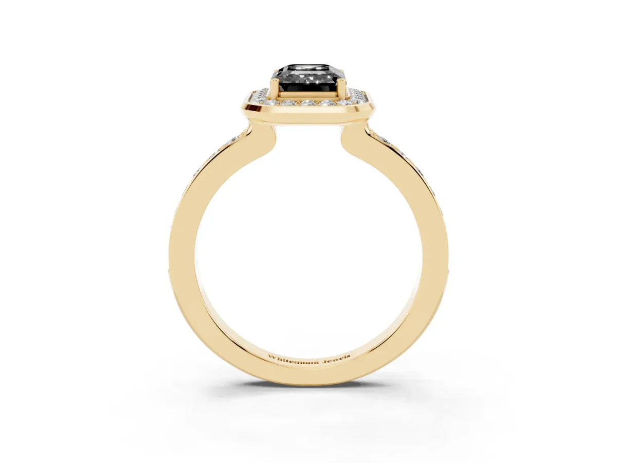 Fancy Black Emerald Cut Diamond Halo Ring with Bezel Frame and Pavé Band Yellow gold