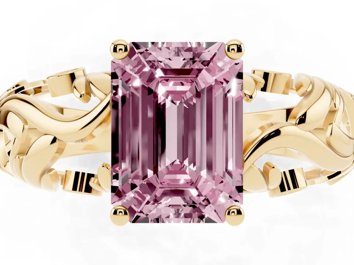 Fancy Pink Emerald Cut Solitaire Diamond Leaf-Inspired Vine Band Ring with Prong Setting Yellow gold