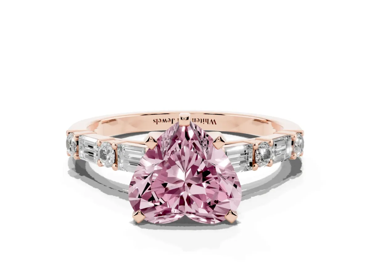 Fancy Pink Heart Cut Diamond Solitaire with Side Baguettes and Channel Set Band Rose gold