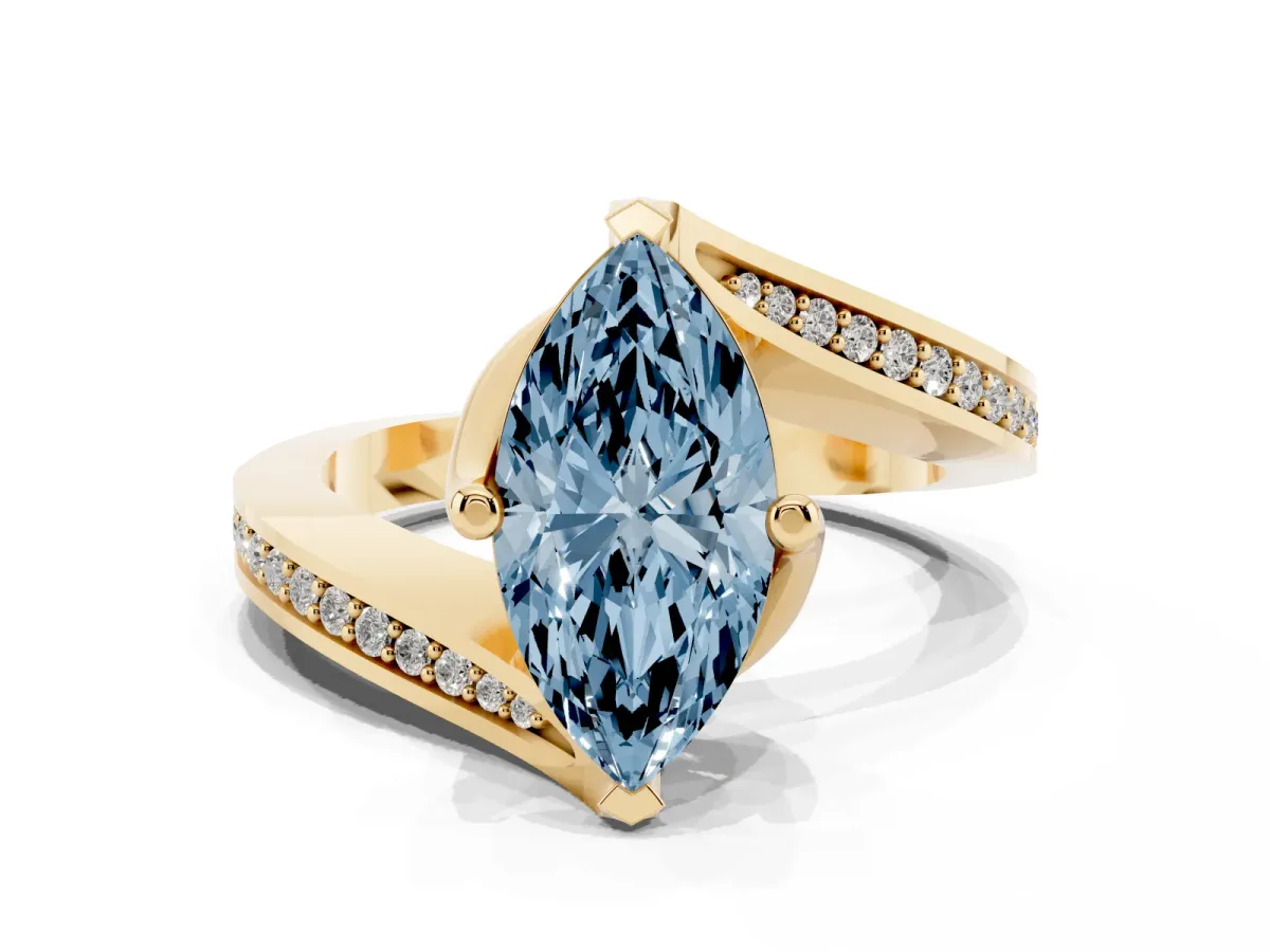 Fancy Blue Marquise Cut Solitaire Diamond Twist Band with Pavé Setting and Four-Prong Setting Yellow gold