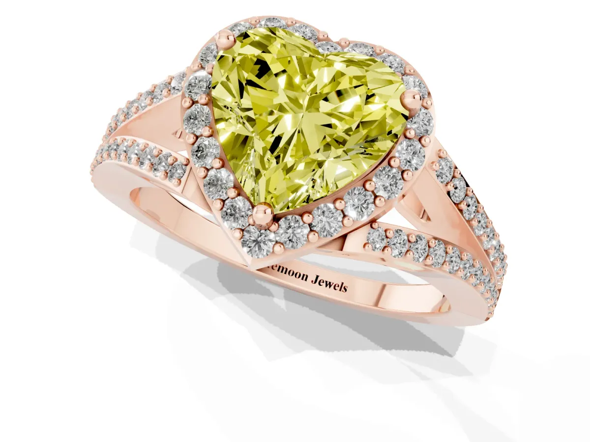 Fancy Yellow Heart Cut Halo Split Shank Pave Diamond Ring with Four-Prong Setting Rose gold
