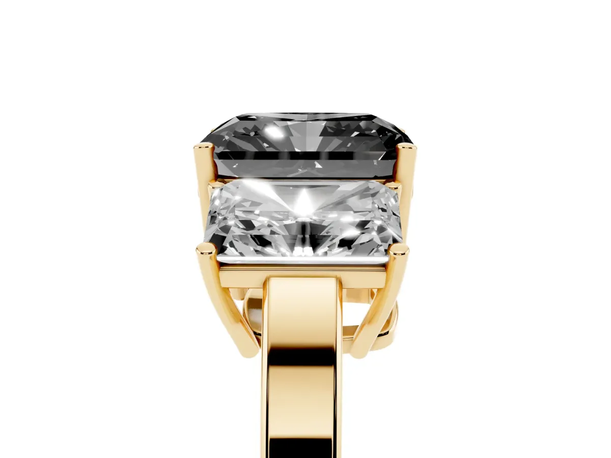 Fancy Black Three-Stone Radiant Cut Cut Diamond Engagement Ring with Flat Band and Four-Prong Setting Yellow gold