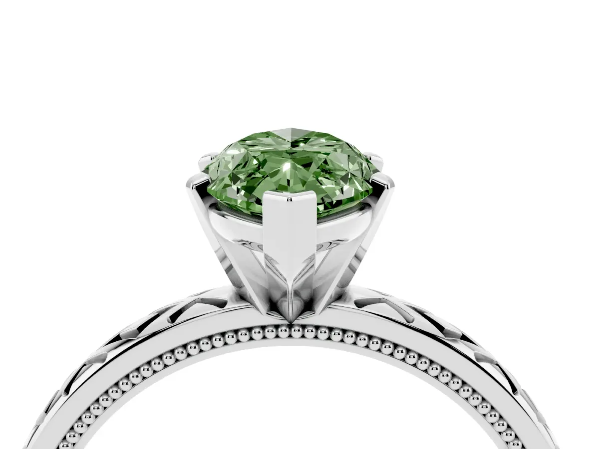 Fancy Green Marquise Cut Solitaire Diamond Ring with Milgrain and Black Enamel X Pattern Band Silver