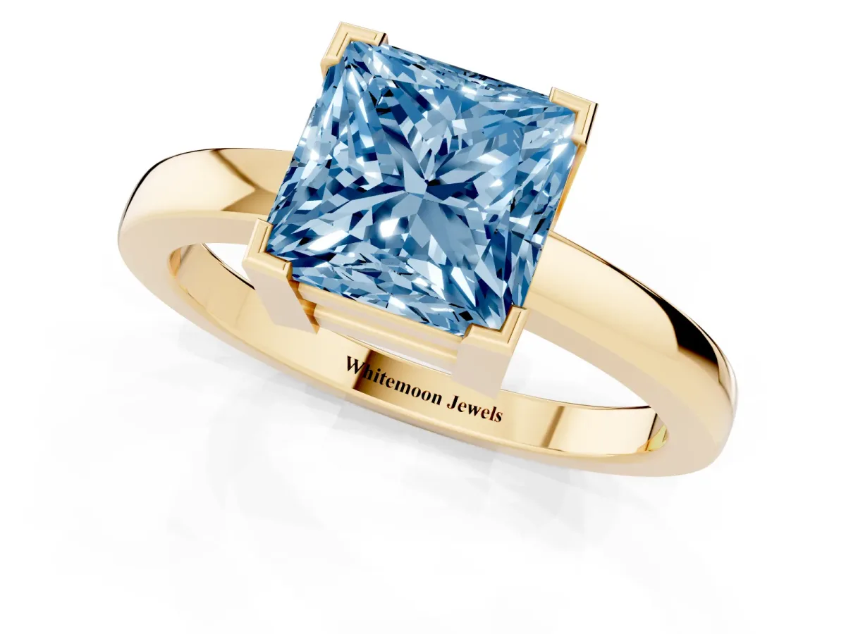 Fancy Blue Princess Cut Cut Solitaire Ring with Four-Prong Setting and Classic Band Yellow gold