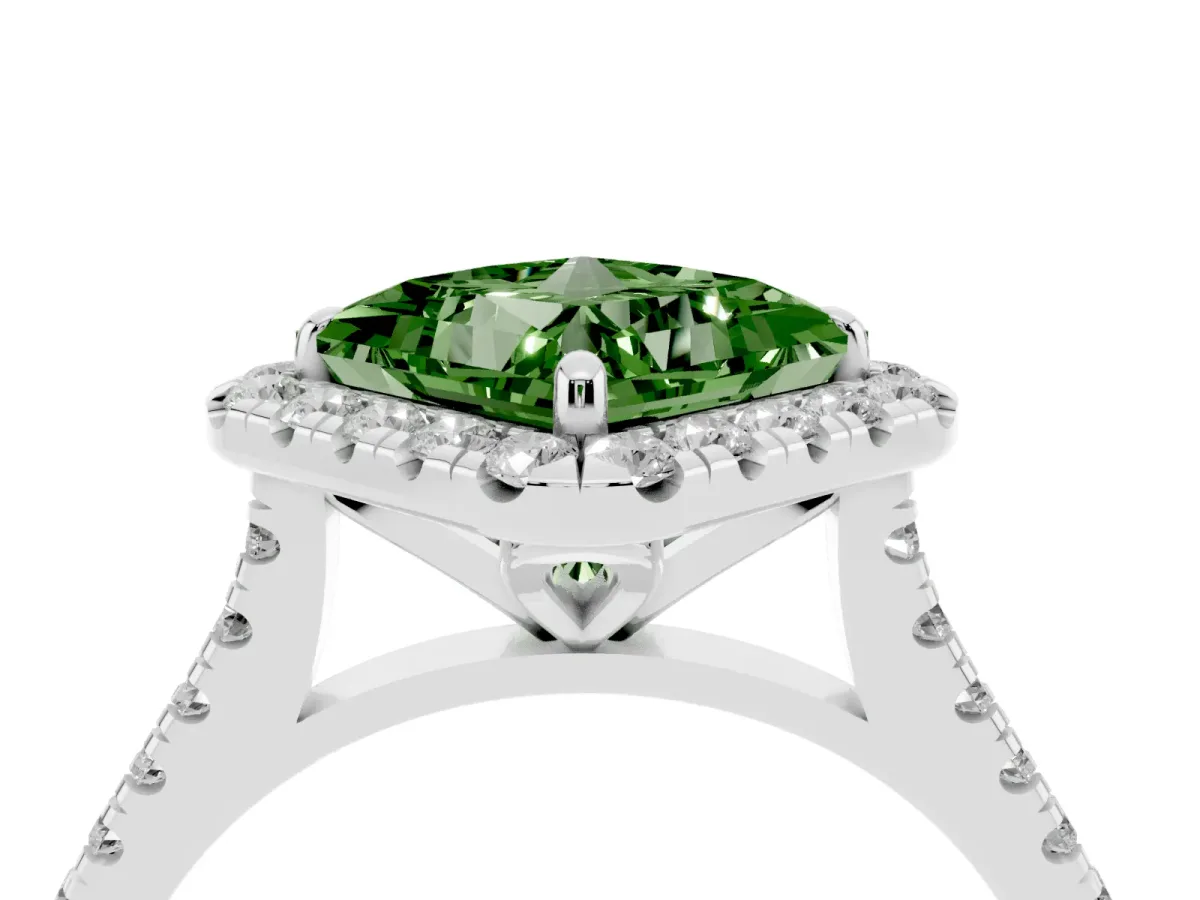 Fancy Green Princess Cut Diamond Cushion Halo Ring with Pavé Band Platinum