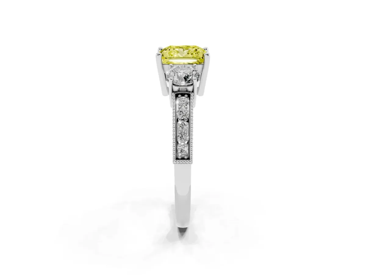 Fancy Yellow Princess Cut Three-Stone Diamond Ring with Pavé Band and Four-Prong Setting Silver