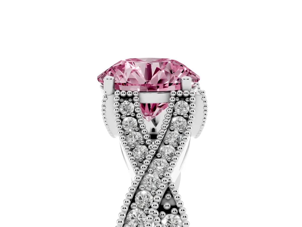 Fancy Pink Round Cut Cut Diamond Twisted Band with Milgrain Pave Setting and Four-Prong Setting Silver