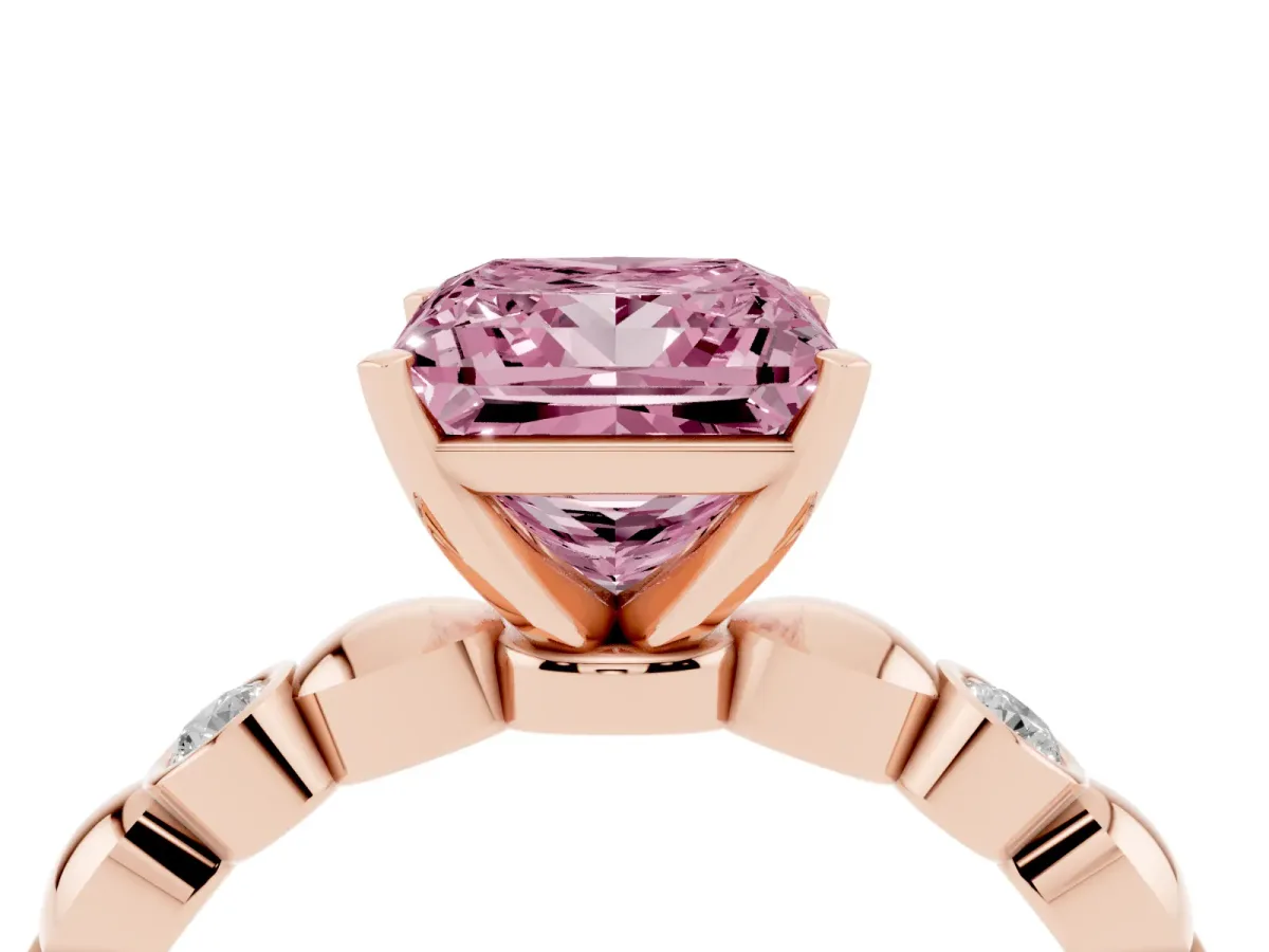 Fancy Pink Princess Cut Solitaire Bezel-Set Diamond Ring with Beaded Band and Four-Prong Setting Rose gold