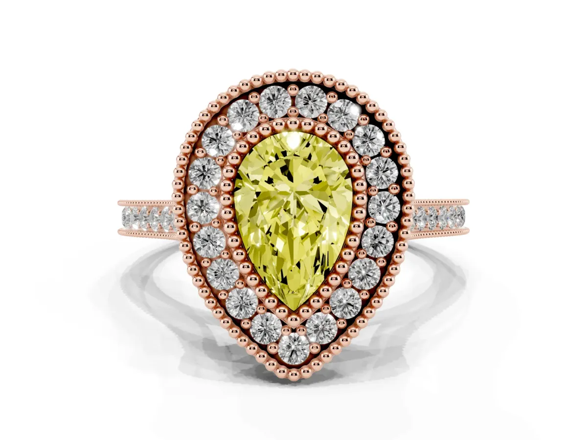 Fancy Yellow Pear Cut Diamond Halo Ring with Milgrain Frame and Pavé Band Rose gold