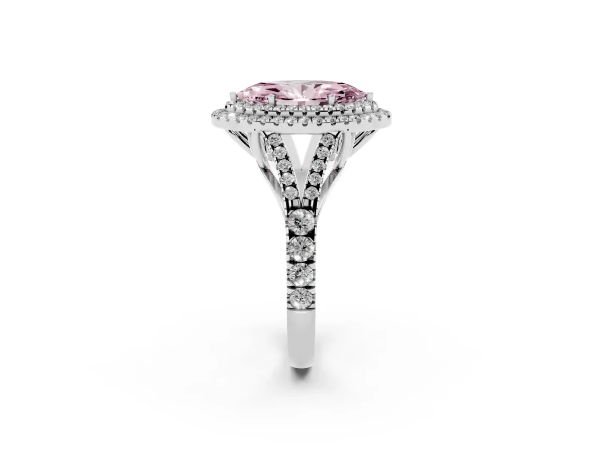 Fancy Pink Marquise Cut Cut Double Halo Split Shank Diamond Ring with Prong Setting Silver