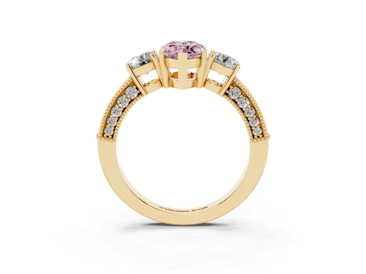 Fancy Pink Marquise Cut Three-Stone Diamond Ring with Pavé Band and Four-Prong Setting Yellow gold