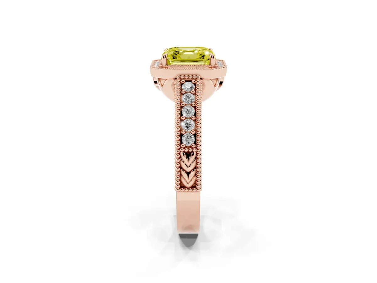 Fancy Yellow Asscher Cut Cut Halo Diamond Ring with Pavé Band and Four-Prong Setting Rose gold