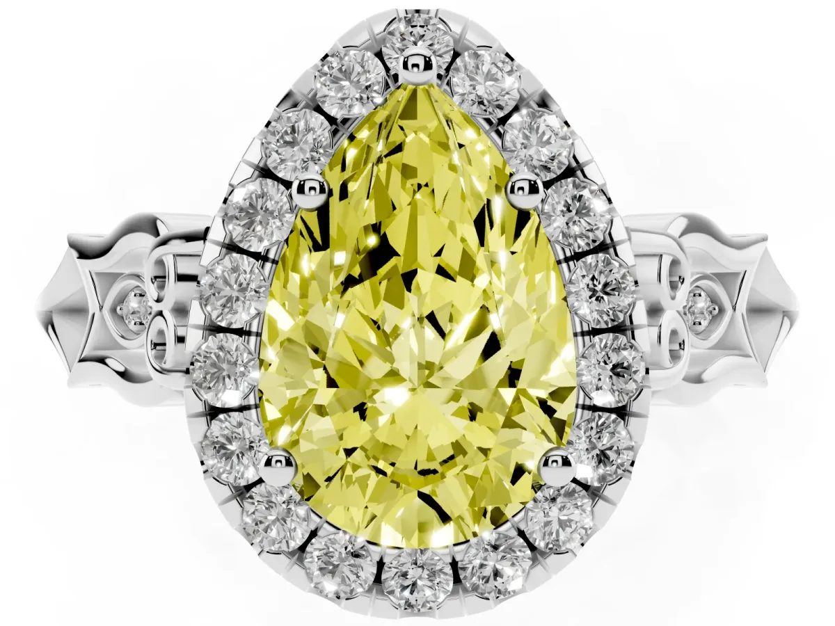 Fancy Yellow Pear Cut Halo Diamond Engagement Ring with Filigree Band and Four-Prong Setting White gold
