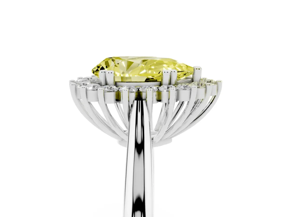 Fancy Yellow Pear Cut Cut Diamond Halo Ring with Solitaire Band and Prong Setting Silver