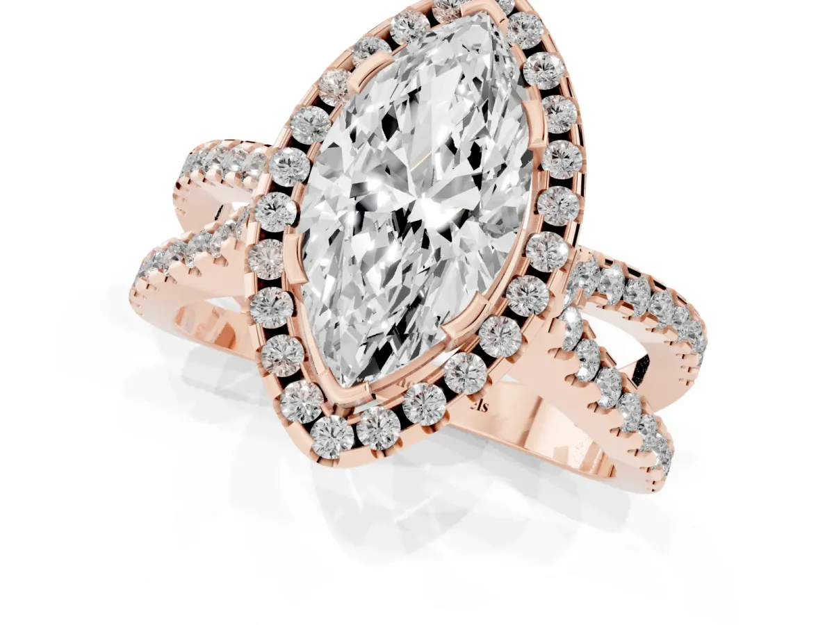 Marquise Cut Diamond Halo Ring with Split Shank Pavé Band and Prong Setting Rose gold