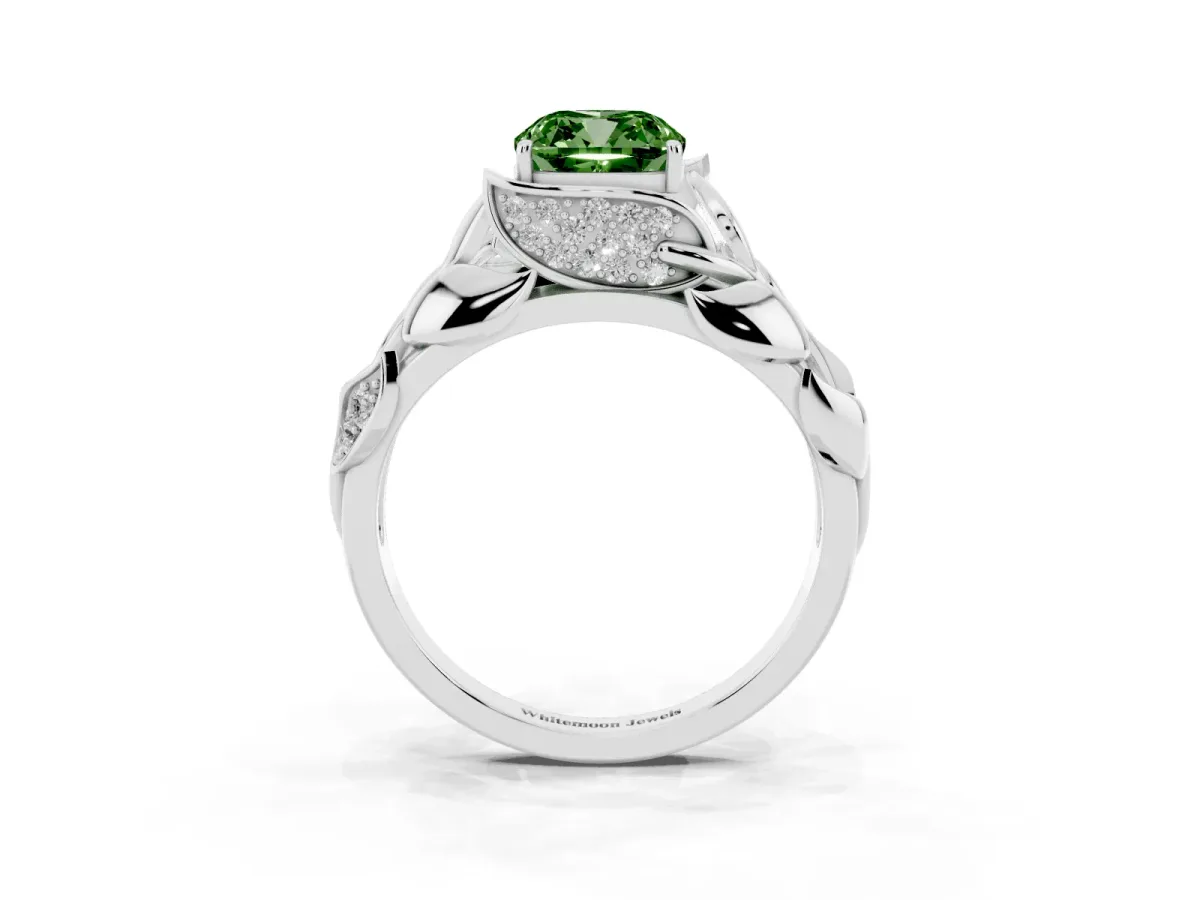 Fancy Green Cushion Cut Diamond Leaf-Inspired Engagement Ring with Round Accents and Prong Setting Platinum