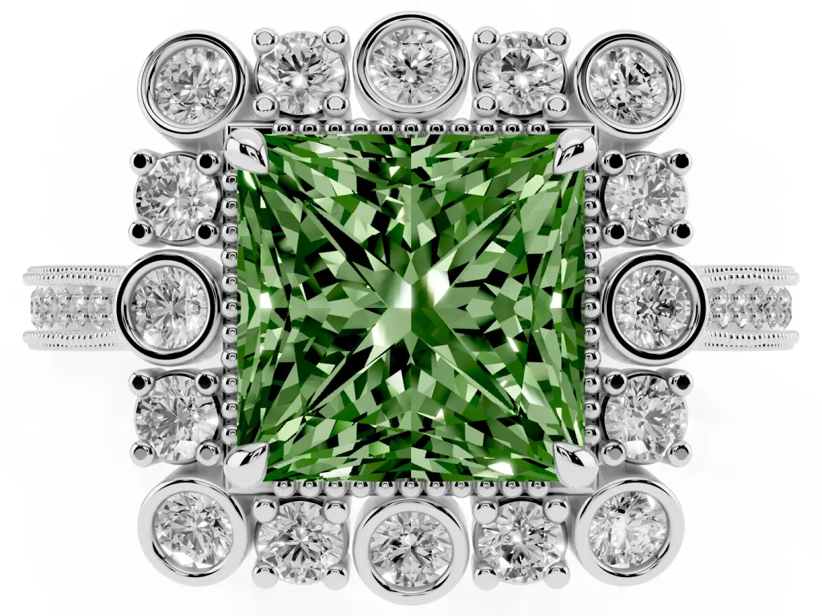 Fancy Green Princess Cut Halo Milgrain Pave Diamond Ring with Four-Prong Setting Silver