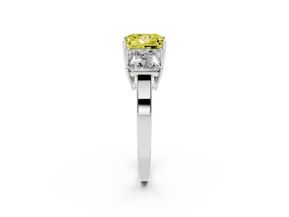 Fancy Yellow Three-Stone Princess Cut Cut Diamond Engagement Ring with Flat Band and Four-Prong Setting Silver