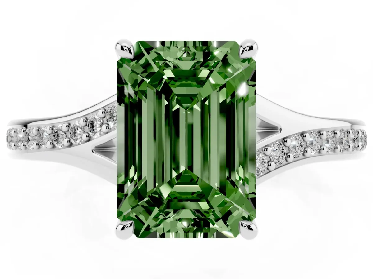Fancy Green Emerald Cut Diamond Solitaire Ring with Pavé Band and Prong Setting Silver
