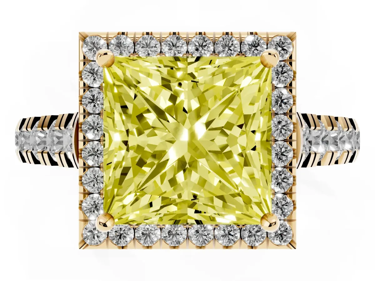 Fancy Yellow Princess Cut Halo Pavé Diamond Engagement Ring with Four-Prong Setting Yellow gold