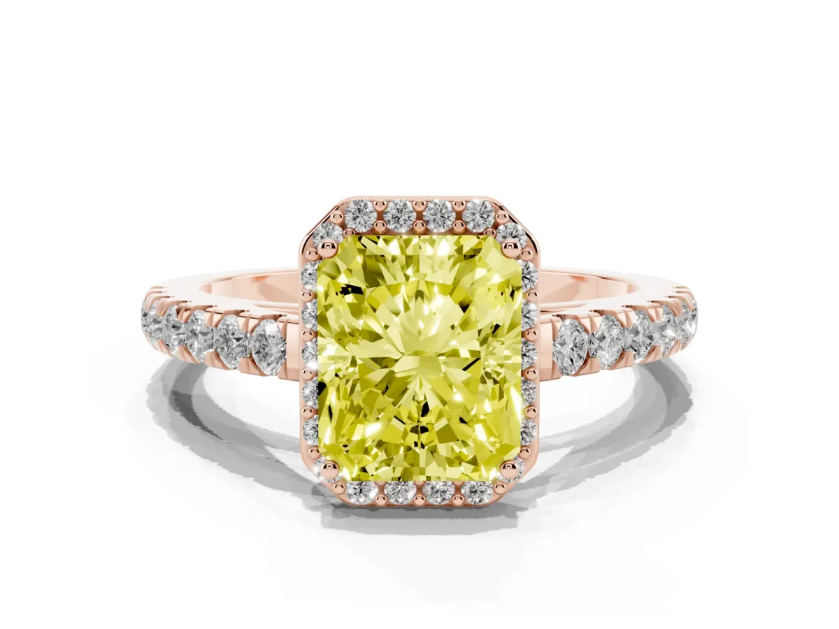Fancy Yellow Radiant Cut Cut Halo Diamond Engagement Ring with Pave Band and Four-Prong Setting Rose gold
