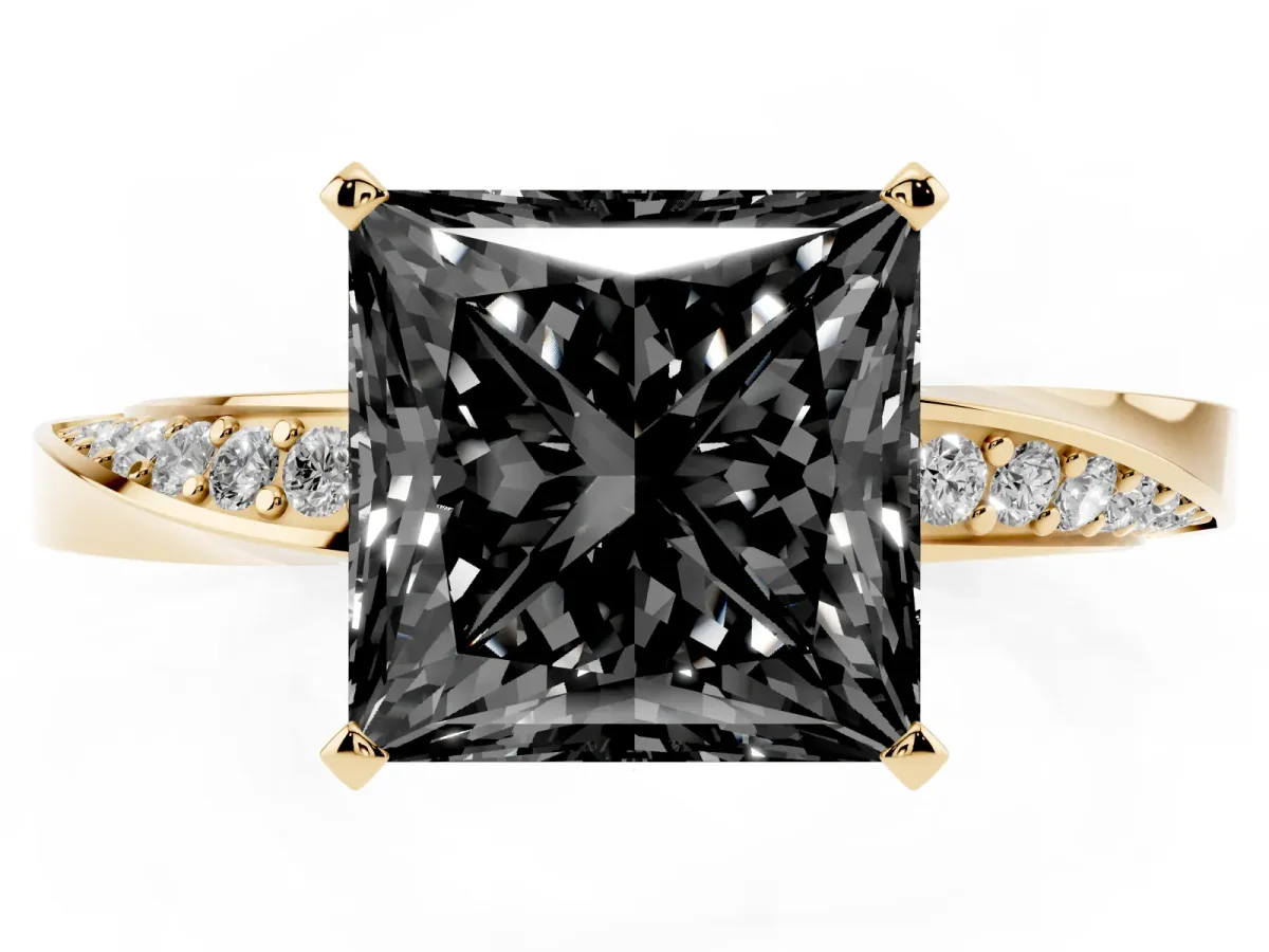 Fancy Black Princess Cut Diamond Engagement Ring with Side Stone Accents and Four-Prong Setting Yellow gold