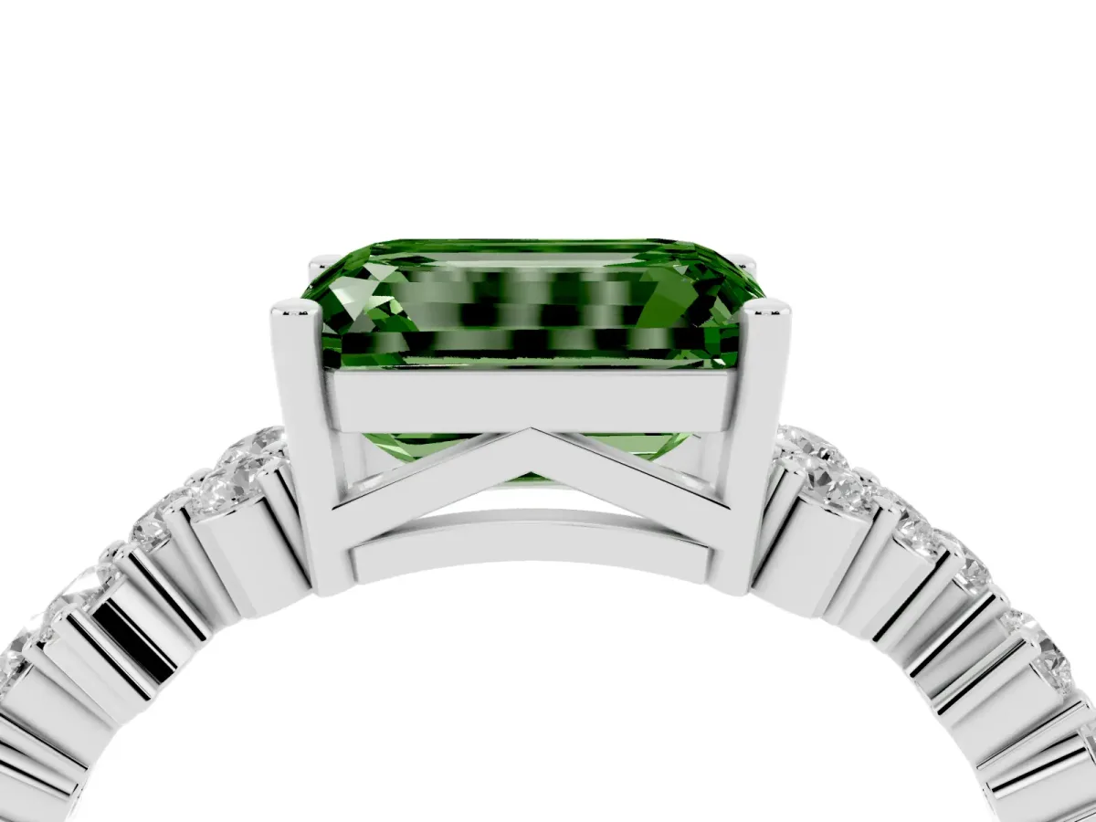 Fancy Green Emerald Cut Diamond Scattered Round Accent Ring with Prong Setting Silver